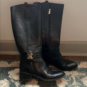 Black Leather Knee-High Boots with Gold Accent